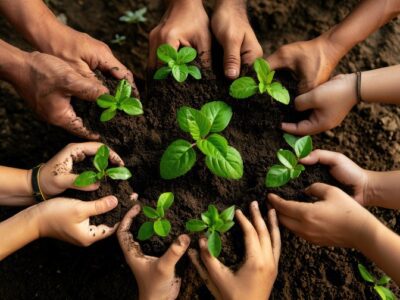 Several hands of different sizes and skin tones are holding and nurturing young green plants in soil